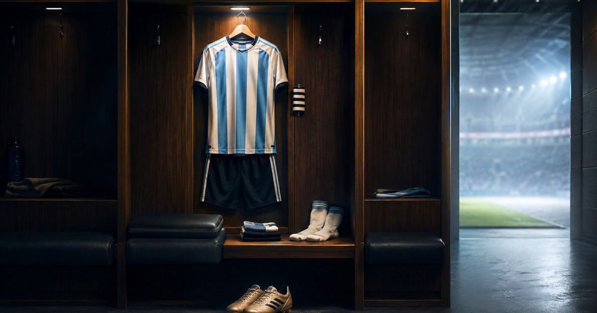 ロッカールームに掛けられたアルゼンチン代表風のサッカーユニフォーム