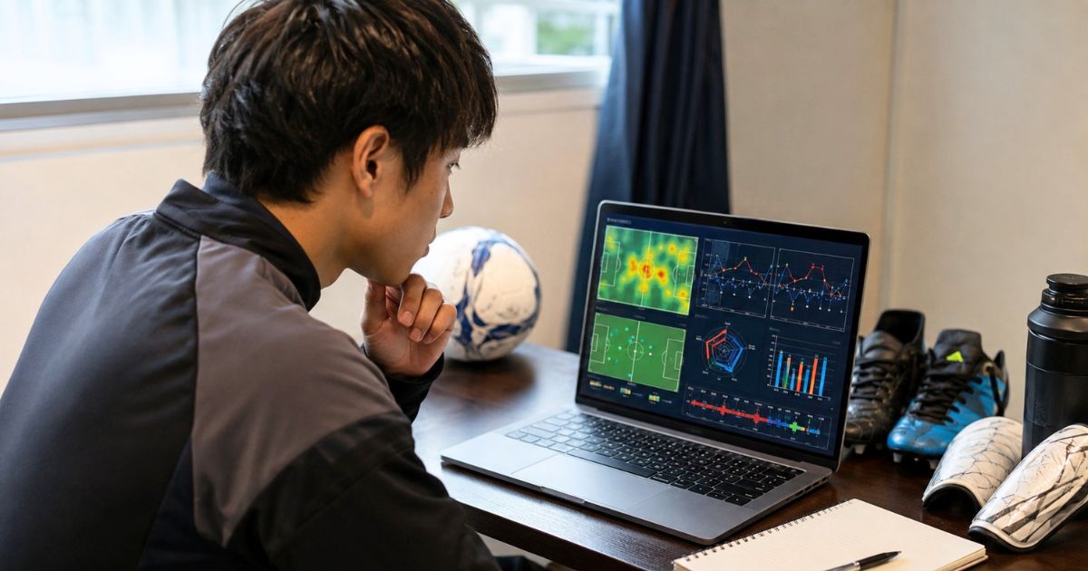 パソコンで走行距離やヒートマップなどのデータを確認する大学生サッカー選手