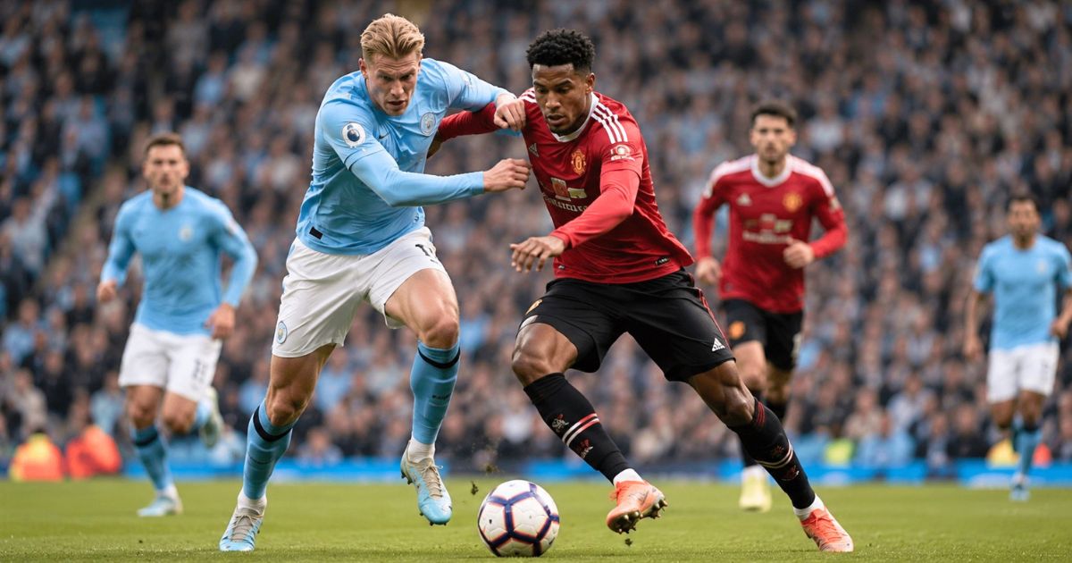 プレミアリーグをイメージした試合でボールを激しく競り合うサッカー選手