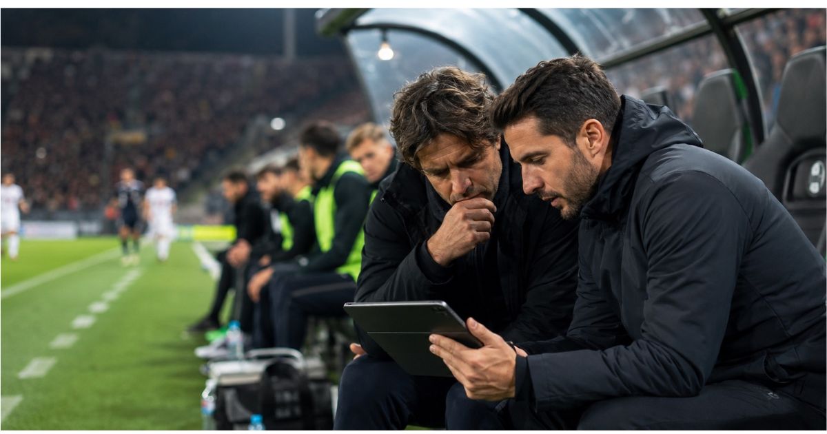 サッカーの試合中にベンチでタブレットの走行距離データを確認する監督とコーチ