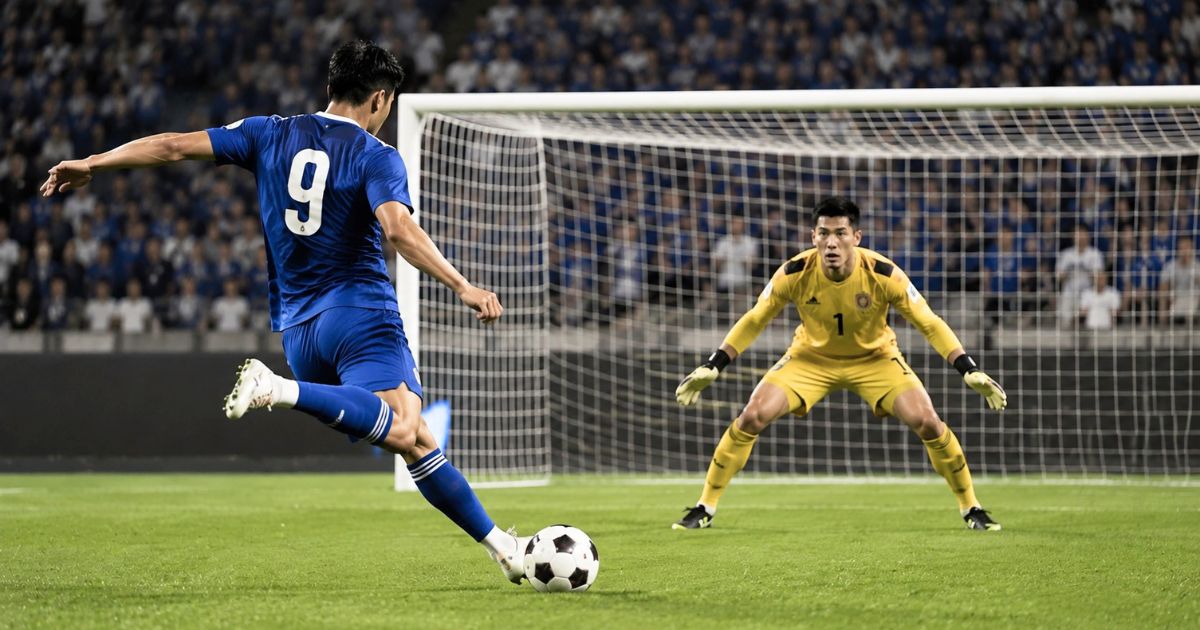 背番号9のフォワードがシュートを放ち、背番号1のゴールキーパーが構えるサッカーの試合
