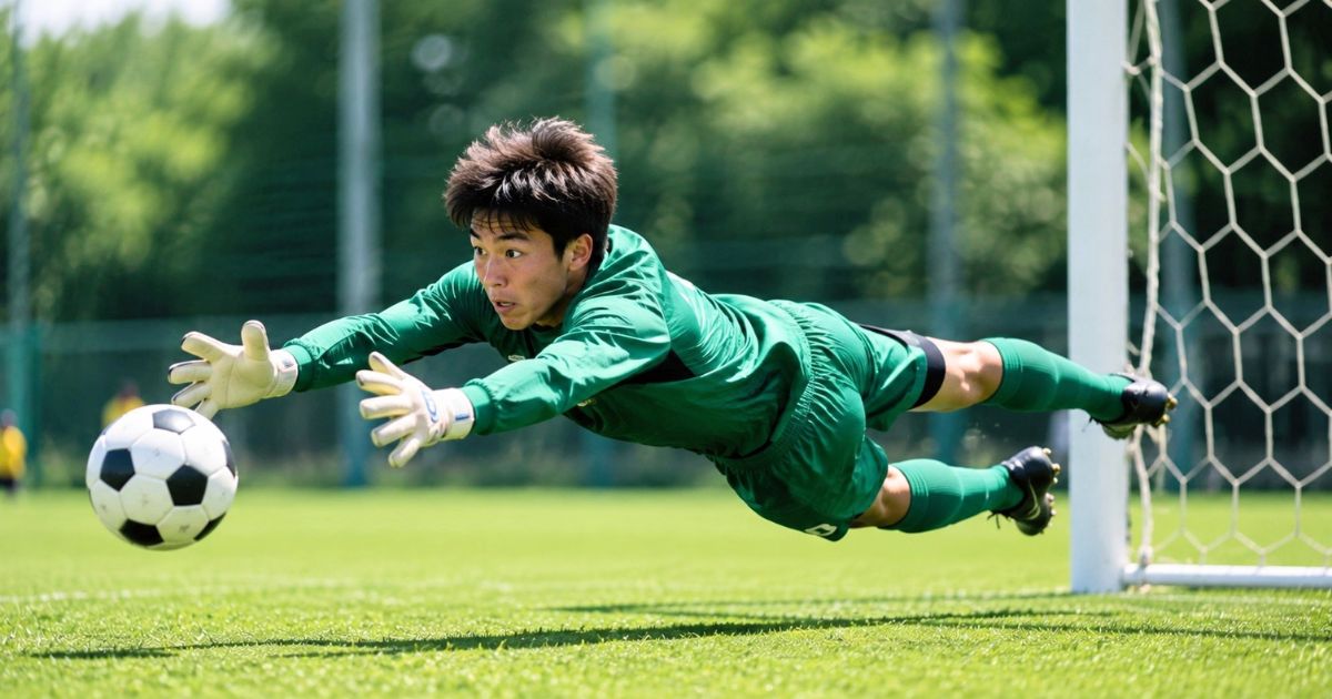 サッカーの試合で危険を察知し、飛び出してボールをセーブするゴールキーパー