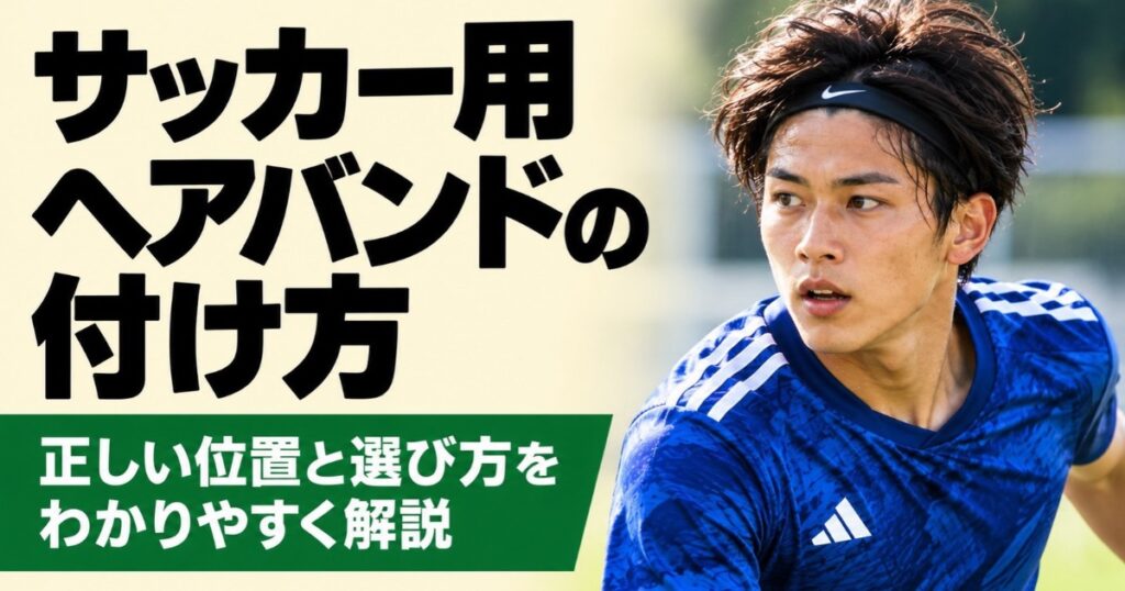 サッカー用ヘアバンドの付け方を解説するアイキャッチ画像。青いユニフォームを着たサッカー選手が黒いヘアバンドを額の上につけており、正しい装着位置やヘアバンドの選び方を紹介している。
