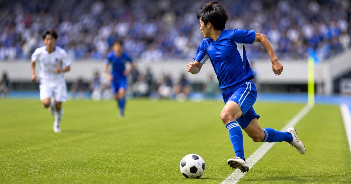 サッカーの試合でサイドラインをドリブルしながら駆け上がる選手