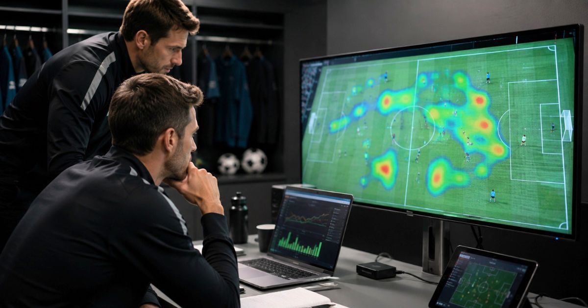 クラブハウスでモニターの走行距離データやヒートマップを確認するサッカースタッフ
