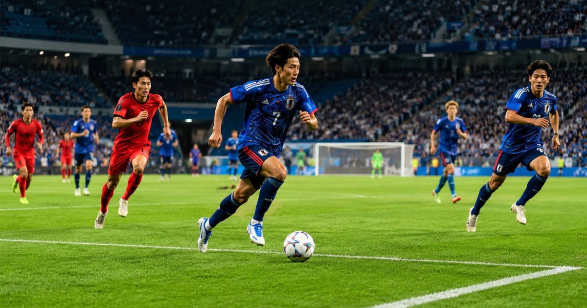 スタジアムで試合中にボールを追って走るサッカー選手たちの様子