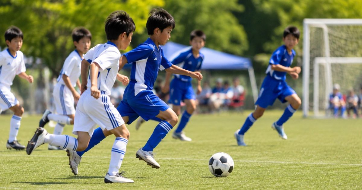U-12年代の少年サッカーの試合でボールを追って走る選手たち
