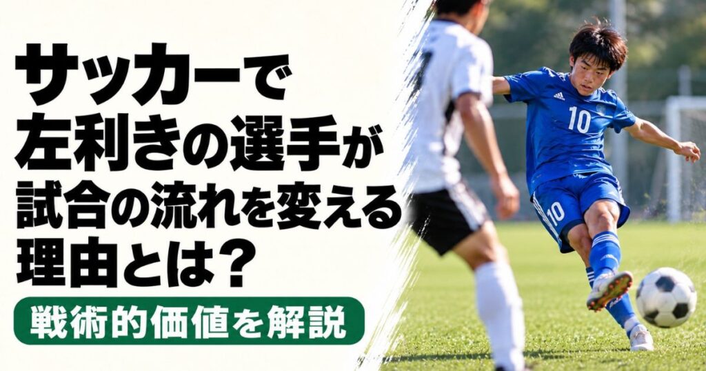 サッカーで左利きの選手が試合の流れを変える理由と戦術的価値を解説するアイキャッチ画像。青い10番のユニフォームを着た選手が相手選手の前で左足でボールを蹴る場面。