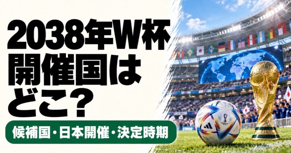 2038年ワールドカップの開催国を解説するアイキャッチ画像。各国の国旗が並ぶスタジアムに、W杯公式球をイメージしたサッカーボールと金色の優勝トロフィーを配置。候補国・日本開催の可能性・決定時期を紹介。