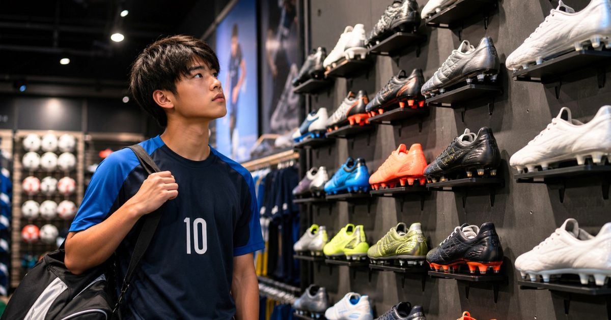 スポーツショップで陳列されたサッカースパイクを見上げながら選ぶ高校生のサッカー選手