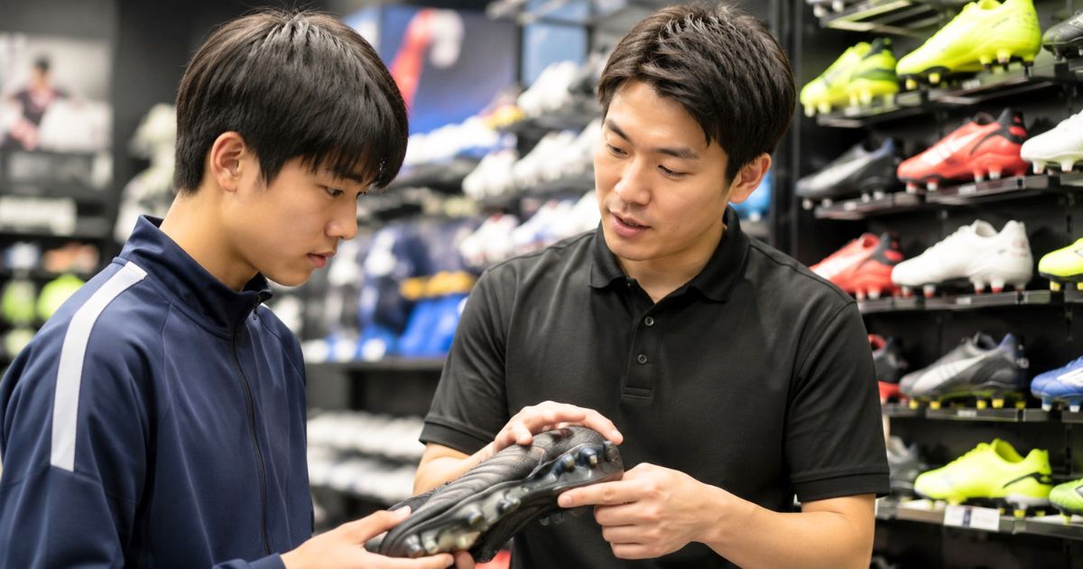 スポーツショップで店員の説明を聞きながら、買い替えるサッカースパイクを選ぶ日本人高校生選手