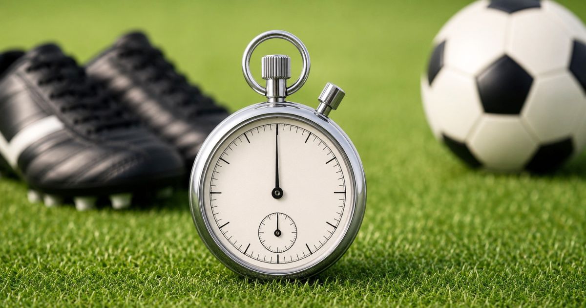サッカースパイクとボールを背景に、芝生の上で1分を示すストップウォッチ