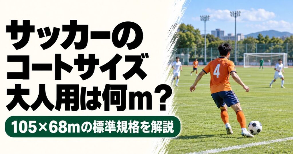 大人用サッカーコートのサイズを解説するアイキャッチ画像。オレンジ色の4番のユニフォームを着た選手が、広いサッカーコートでボールをコントロールする試合風景。105×68mの標準規格を紹介。