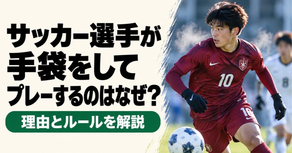 サッカー選手が手袋をしてプレーする理由とルールを解説するアイキャッチ画像。エンジ色の10番のユニフォームを着た選手が、寒い日の試合で黒い手袋を着用し、ボールを追いながら走る様子。