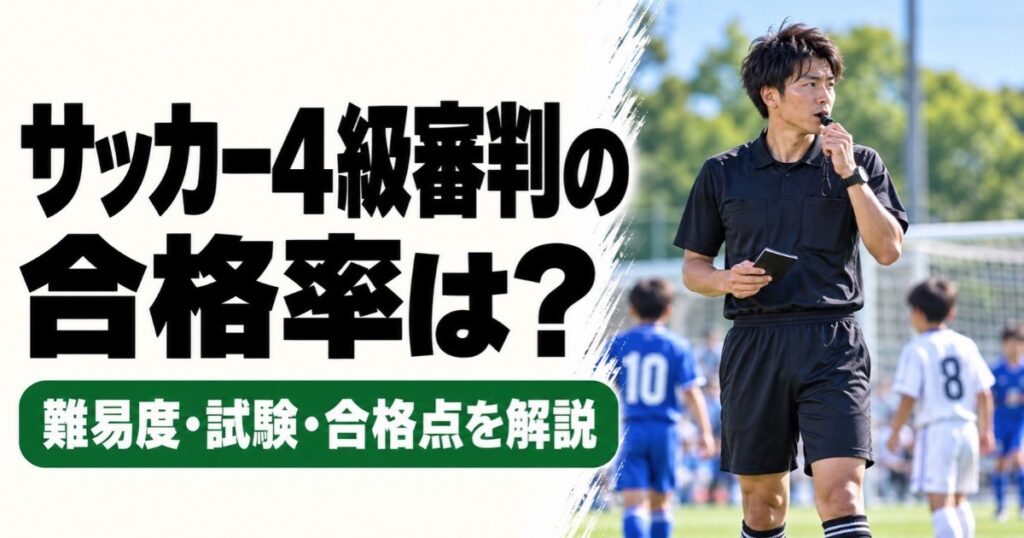 サッカー4級審判の合格率を解説するアイキャッチ画像。黒い審判服を着た男性審判が、笛を吹きながら少年サッカーの試合をジャッジする様子。難易度・試験・合格点について紹介。