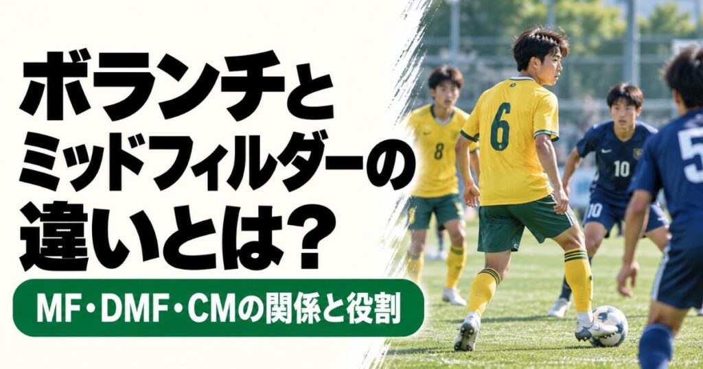 ボランチとミッドフィルダーの違いを解説するアイキャッチ画像。黄色と緑の6番のユニフォームを着た選手が、中盤で周囲を確認しながらボールをコントロールする試合風景。MF・DMF・CMの関係と役割を紹介。