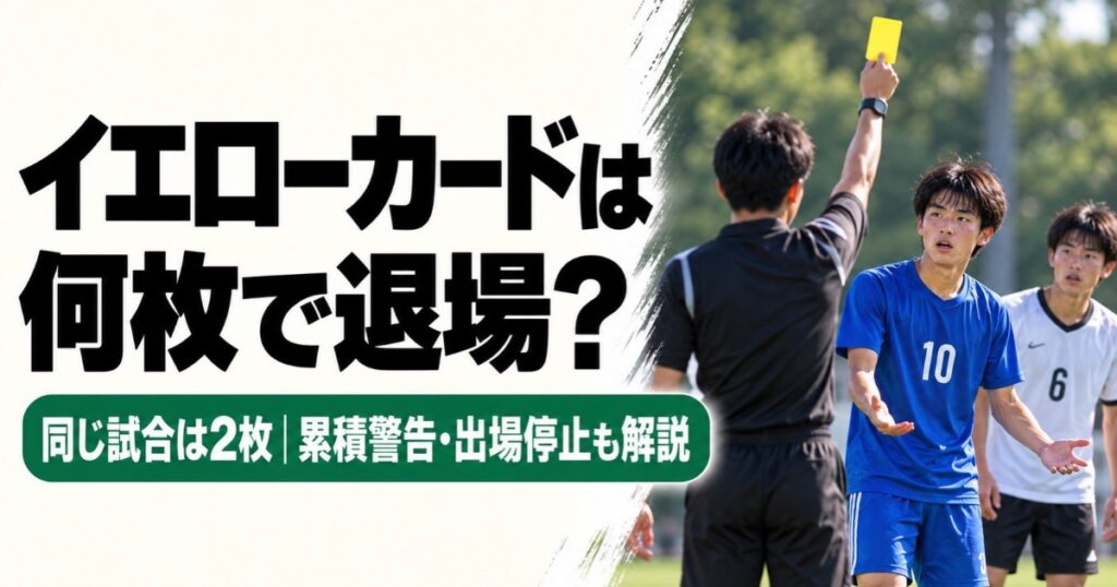 サッカーのイエローカードは何枚で退場になるのかを解説するアイキャッチ画像。審判がイエローカードを掲げ、青い10番と白い6番のユニフォームを着た選手が見つめている。同じ試合での2枚の警告や累積警告、出場停止のルールを紹介。