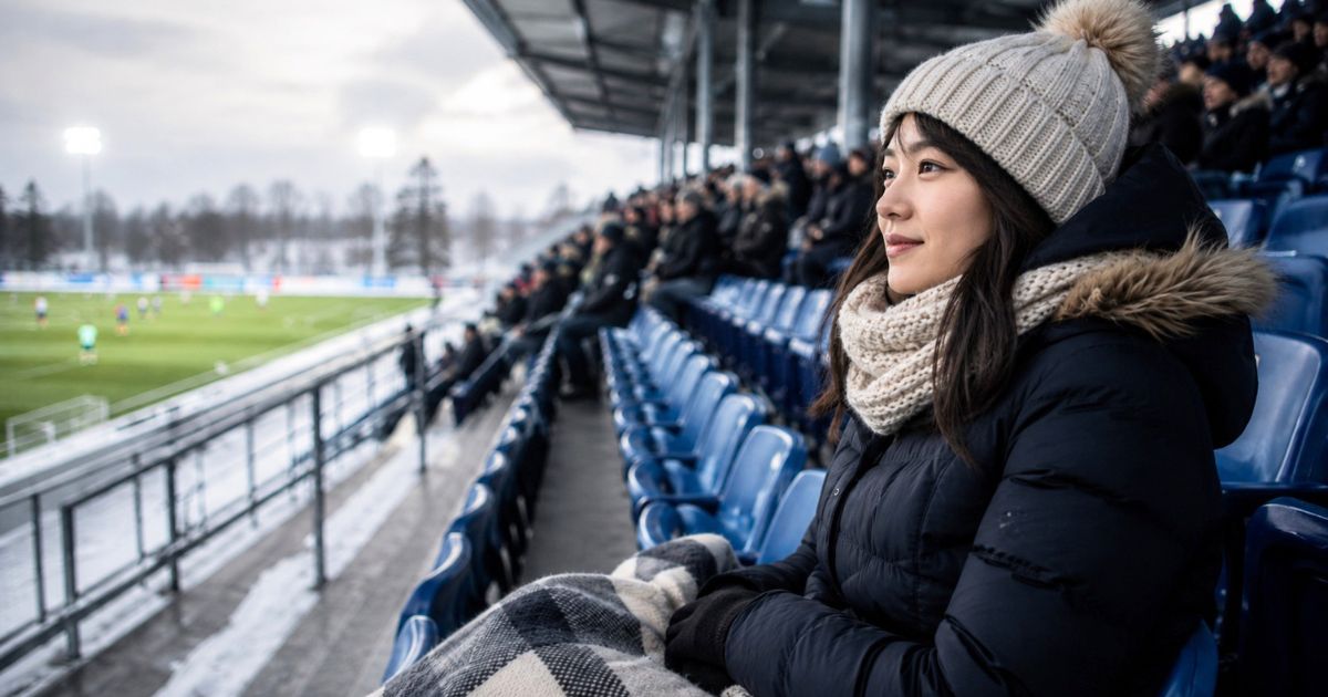 冬のサッカースタジアムの座席で、防寒着とブランケットを身につけて観戦する日本人女性