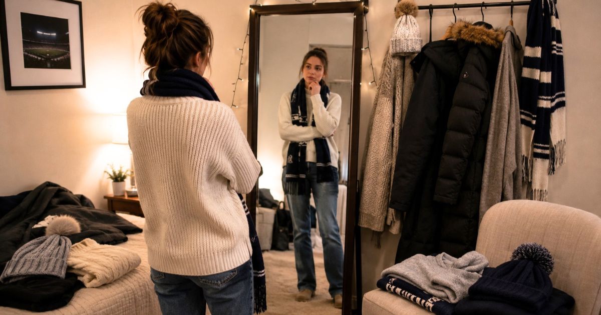 自宅の鏡の前で冬のサッカー観戦に着ていく服を選ぶ若い女性