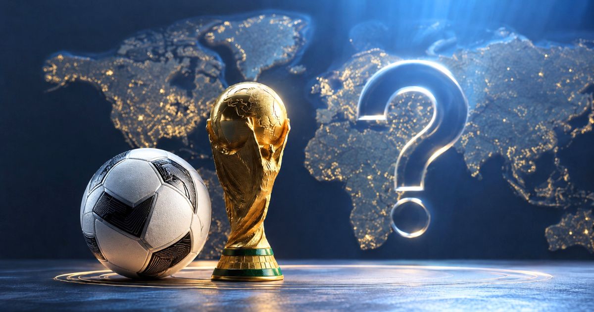 2038年ワールドカップの開催候補国が未発表であることを表す、現代風サッカーボールと金色のトロフィー、世界地図とクエスチョンマークのイメージ