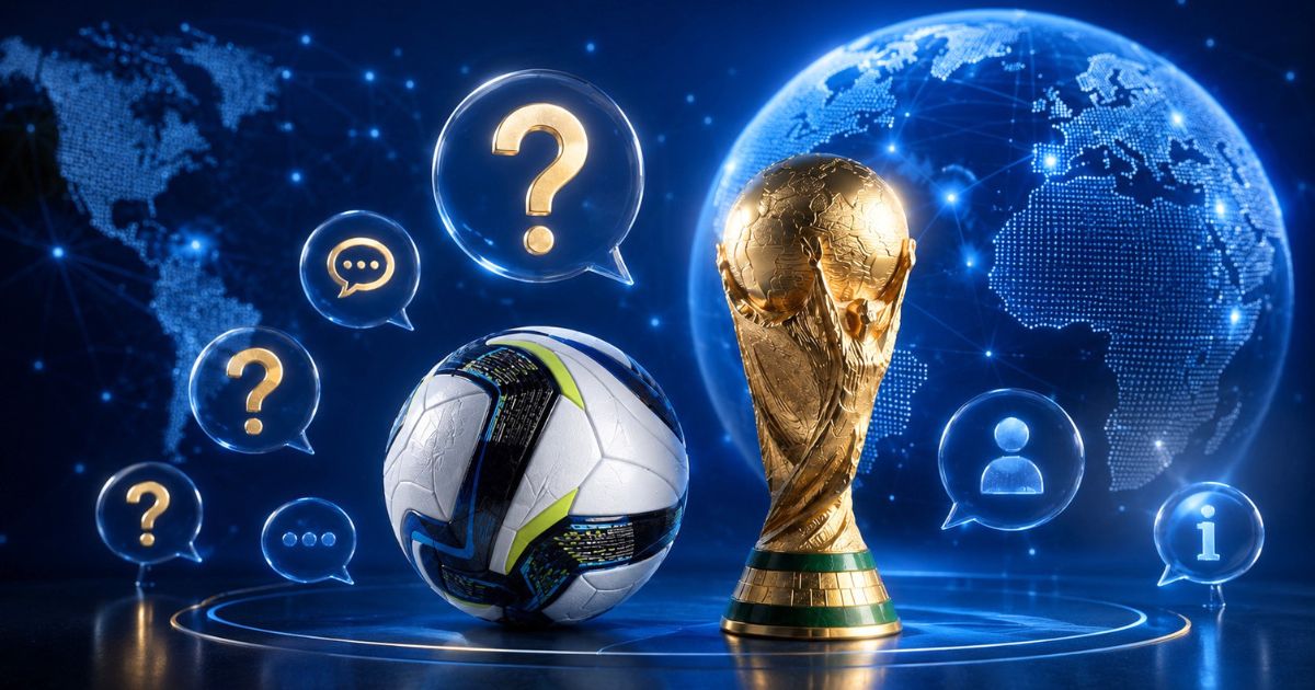 2038年ワールドカップの開催国に関するよくある質問を表す、現代風サッカーボール、トロフィー、世界地図、質問マークの吹き出しのイメージ