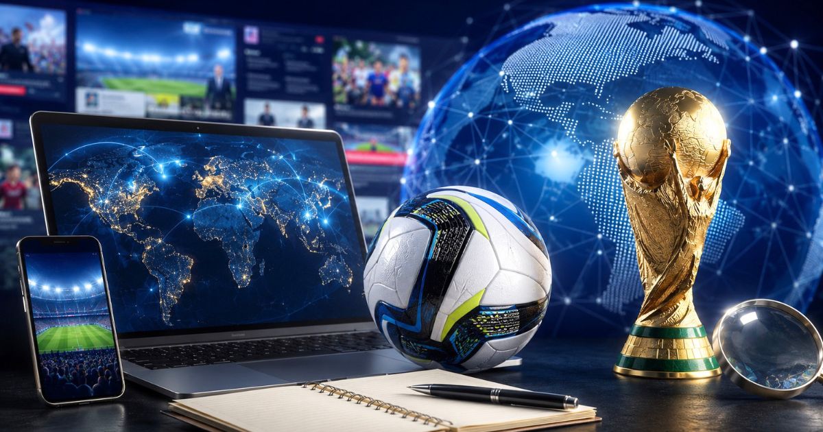 2038年ワールドカップ開催国の最新情報を追う方法を表す、サッカーボール、トロフィー、世界地図、ノートパソコン、スマートフォンのイメージ