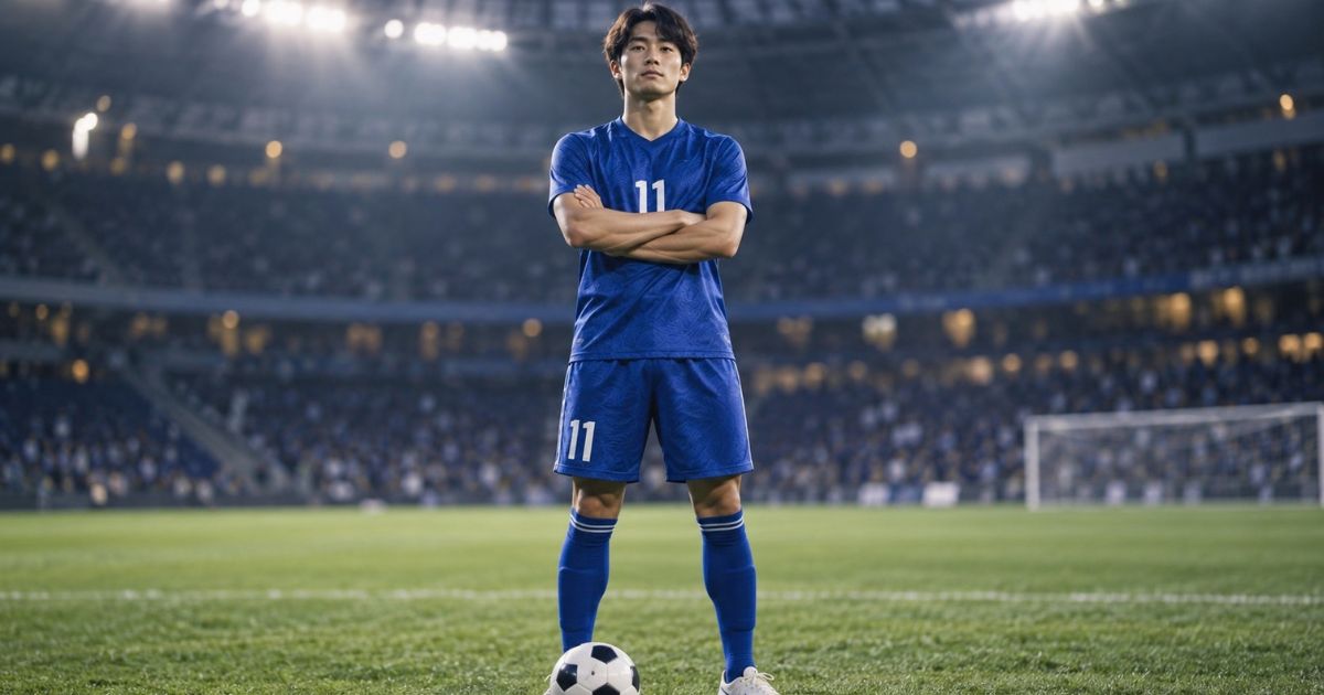 スタジアムのピッチでボールを足元に置き、腕を組んで正面を向く背番号11の日本人サッカー選手