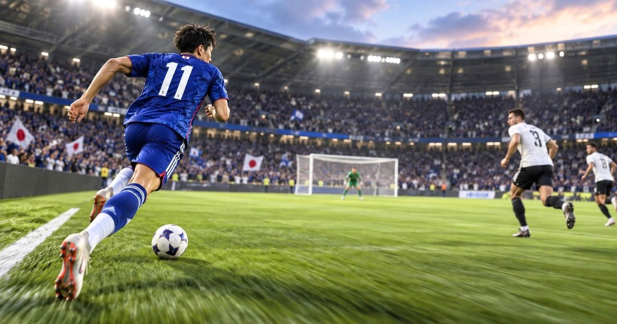 左サイドをドリブルで駆け上がる背番号11の日本人サッカー選手。ウイングとして攻撃参加する様子