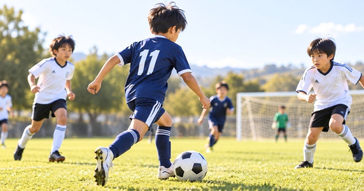 少年サッカーの試合で、背番号11をつけた日本人の子ども選手がドリブルで相手をかわそうとしている場面
