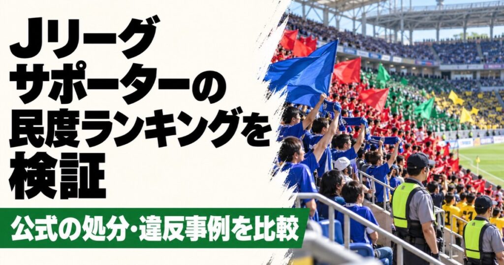 Jリーグサポーターの民度ランキングを検証するアイキャッチ画像。スタジアムで青・赤・緑・黄色の旗を掲げて応援するサポーターと警備スタッフの様子を背景に、Jリーグ公式の処分・違反事例を比較する記事を紹介している。