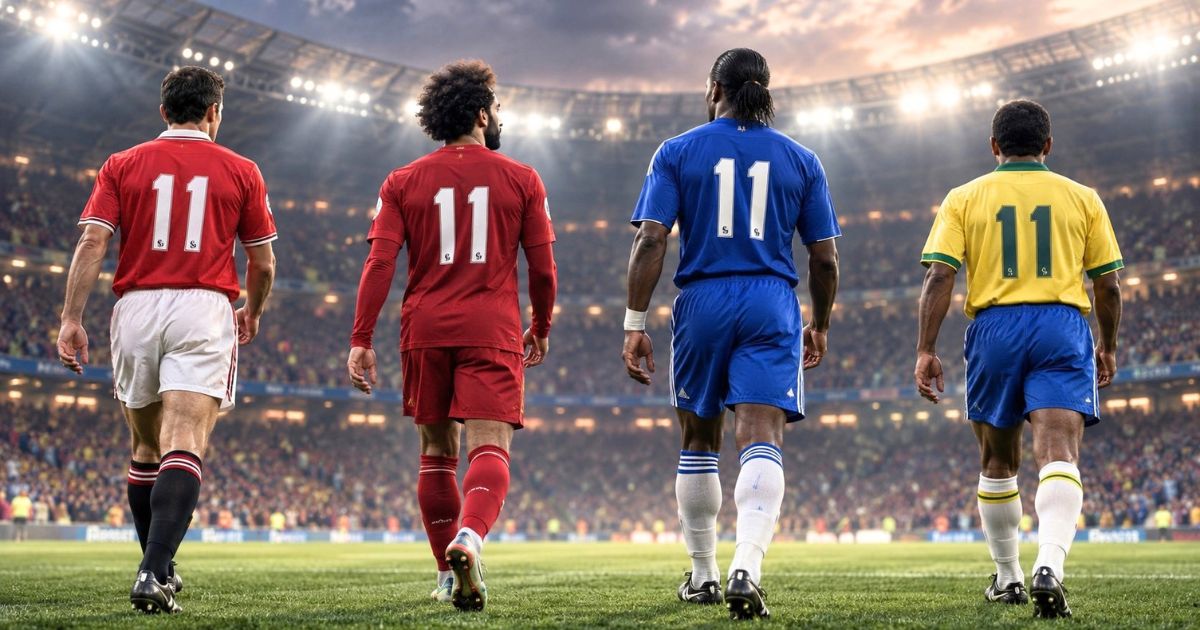 異なるチームカラーの背番号11ユニフォームを着た4人の海外サッカー選手の後ろ姿。歴代の有名な11番選手をイメージした集合写真