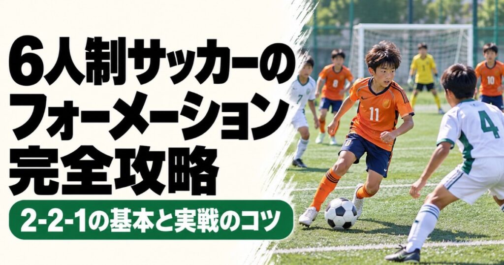 6人制サッカーのフォーメーション完全攻略。オレンジ色の11番のユニフォームを着た少年が、白と緑の4番の選手と対峙しながらドリブルする試合風景。2-2-1の基本と実戦のコツを解説。
