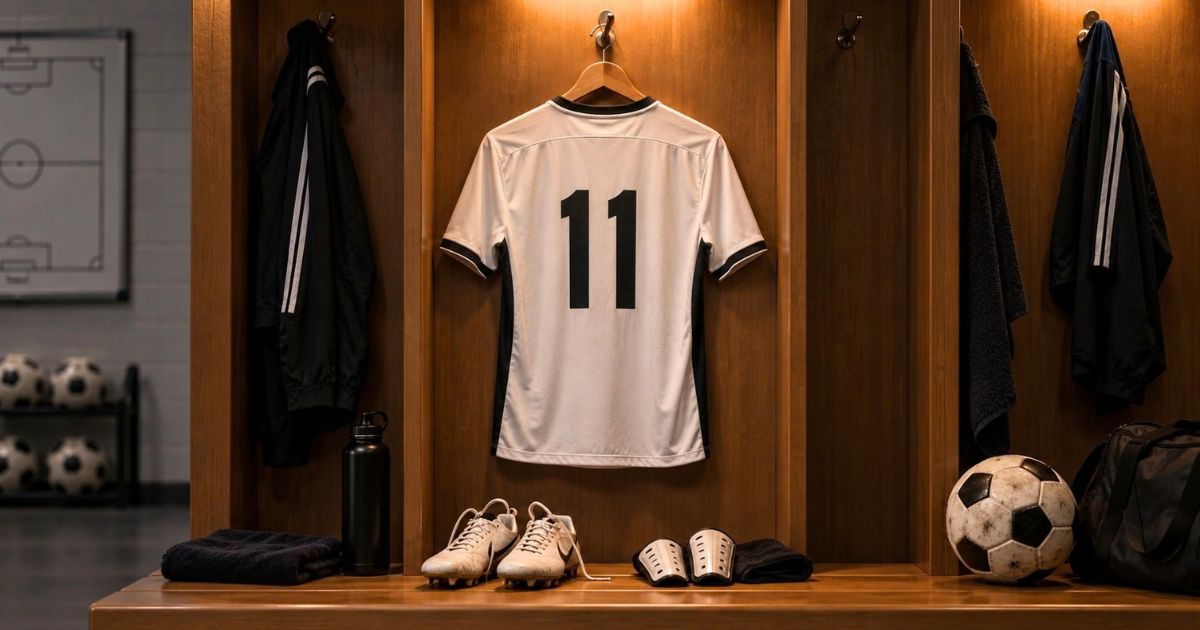 ロッカールームに掛けられた背番号11のサッカーユニフォームと、スパイク・ボールなどの用具