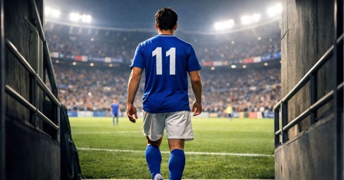 スタジアムのトンネルからピッチへ向かう、青いユニフォームを着た背番号11のサッカー選手の後ろ姿