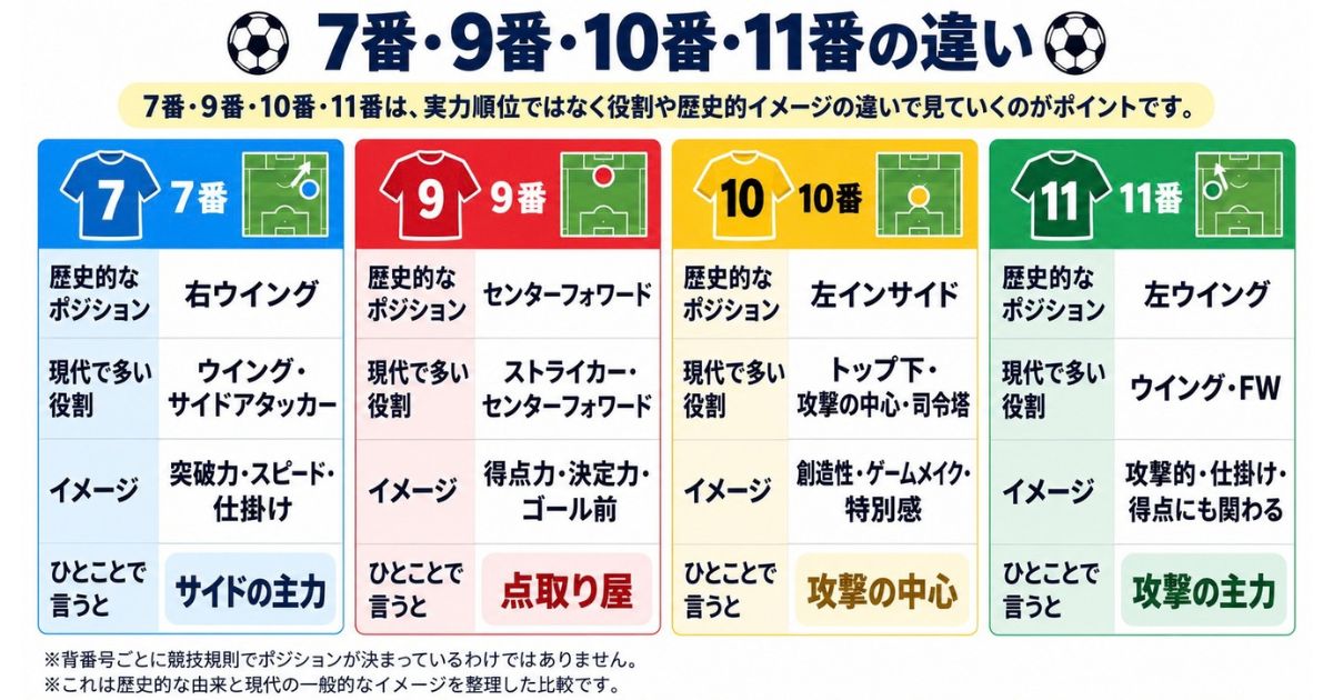 サッカーの7番・9番・10番・11番を、歴史的なポジション、現代で多い役割、イメージで比較した図解