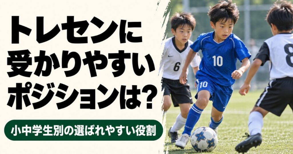 トレセンに受かりやすいポジションや小中学生別の選ばれやすい役割を解説するアイキャッチ画像。青い10番のユニフォームを着た小学生のサッカー少年が、白い6番・8番の選手を相手にドリブルしている。