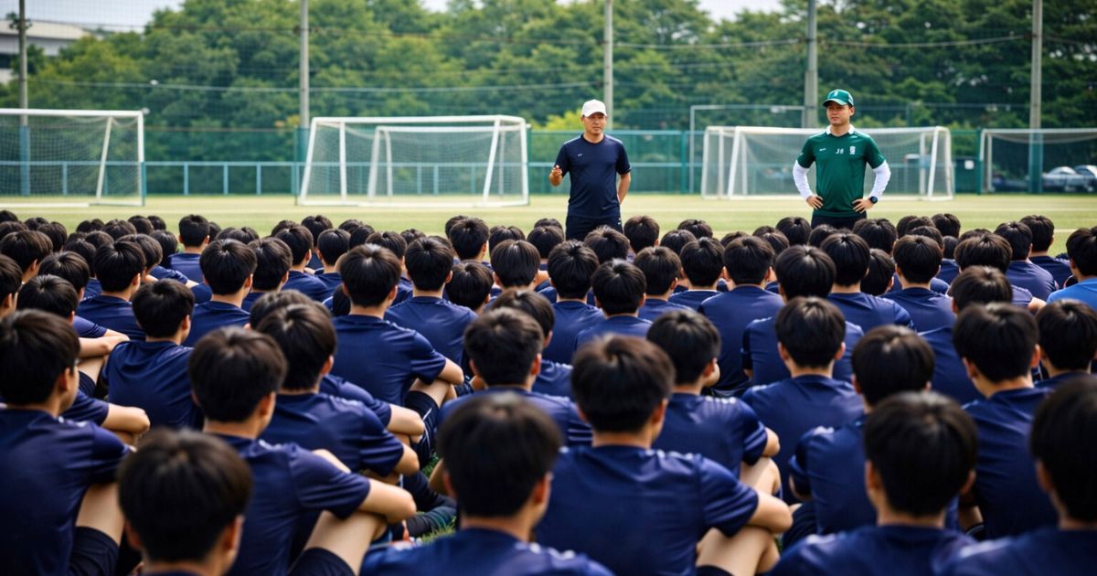 部員数の多い高校サッカー部で選手が集まるイメージ