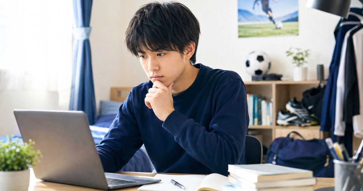 自室でパソコンを使い大学サッカーの推薦情報を調べる高校生