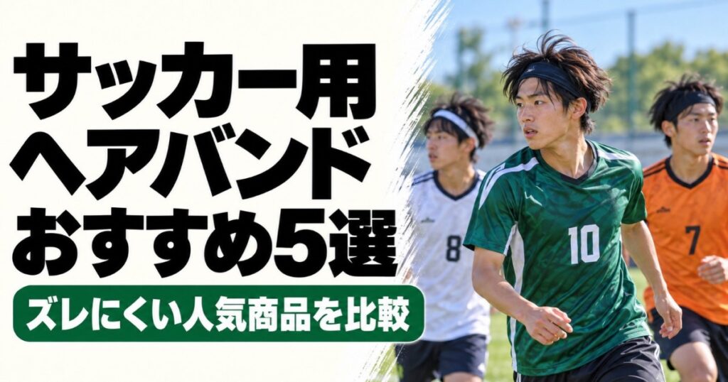 サッカー用ヘアバンドおすすめ5選のアイキャッチ画像。黒いヘアバンドを着用した緑色の10番の選手を中心に、白色の8番とオレンジ色の7番の選手がグラウンドでプレーする様子。ズレにくい人気商品を比較。