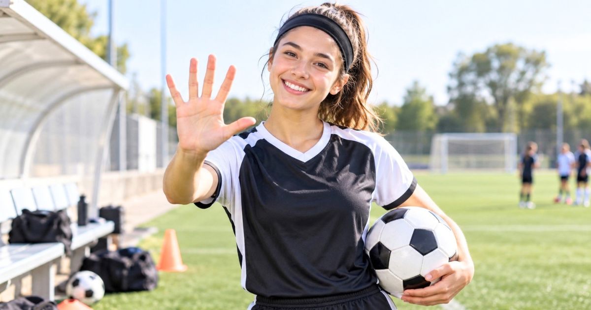 ヘアバンドを着け、サッカーボールを持ちながら5本の指を広げる女性サッカー選手