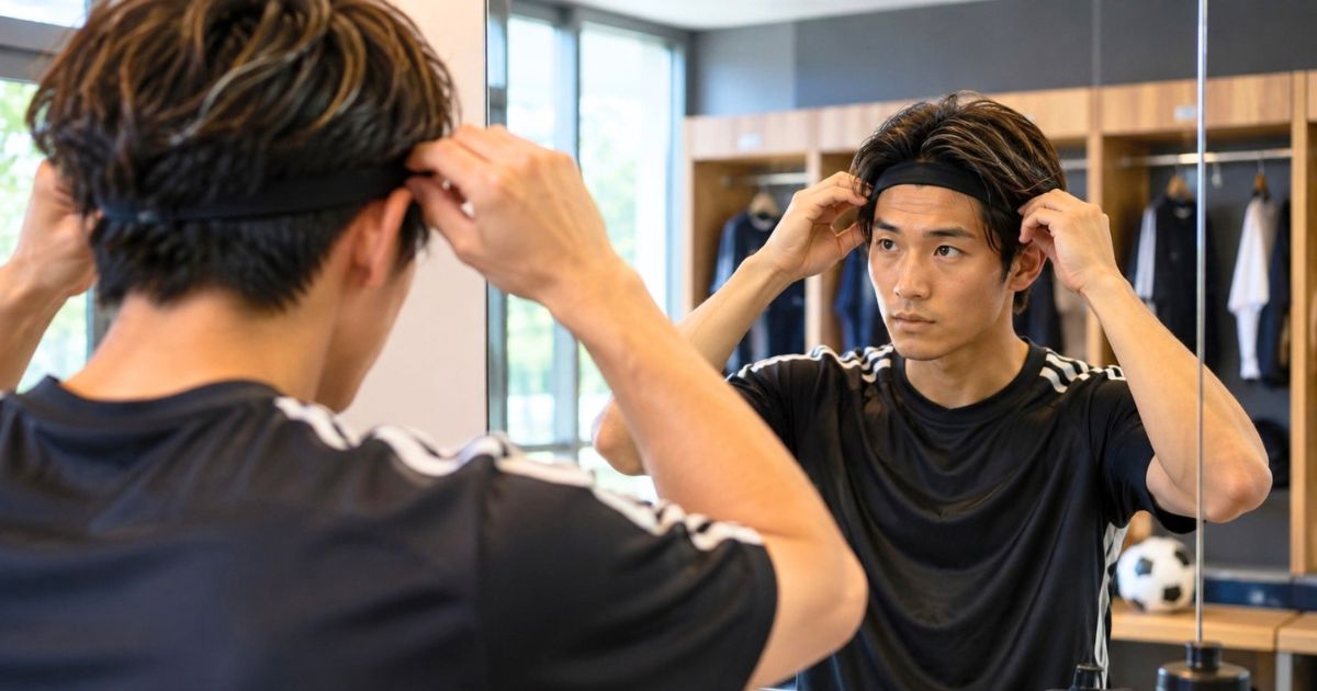 サッカーのクラブハウスで、鏡を見ながらヘアバンドの位置を調整する男性サッカー選手