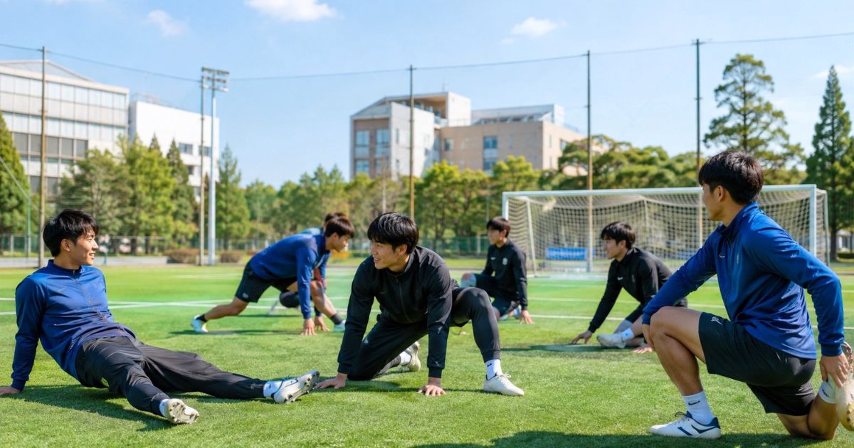 大学サッカーのグラウンドで練習前にストレッチする選手たち