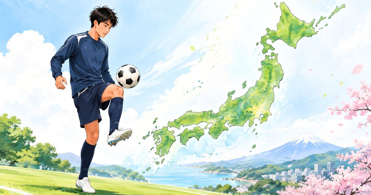 日本地図を背景にリフティング練習をする大学サッカー部入部希望者