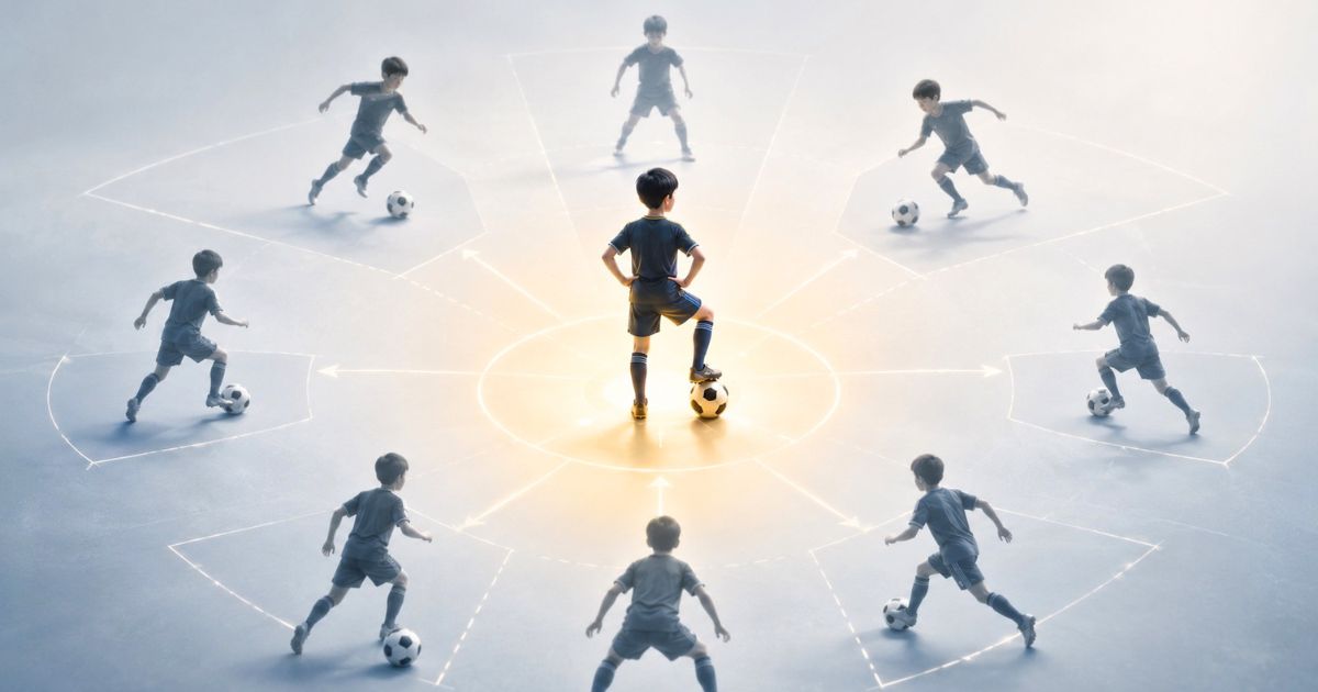ポジションが固定されていない少年サッカー選手が、ドリブルや守備など複数の動きを行うイメージ