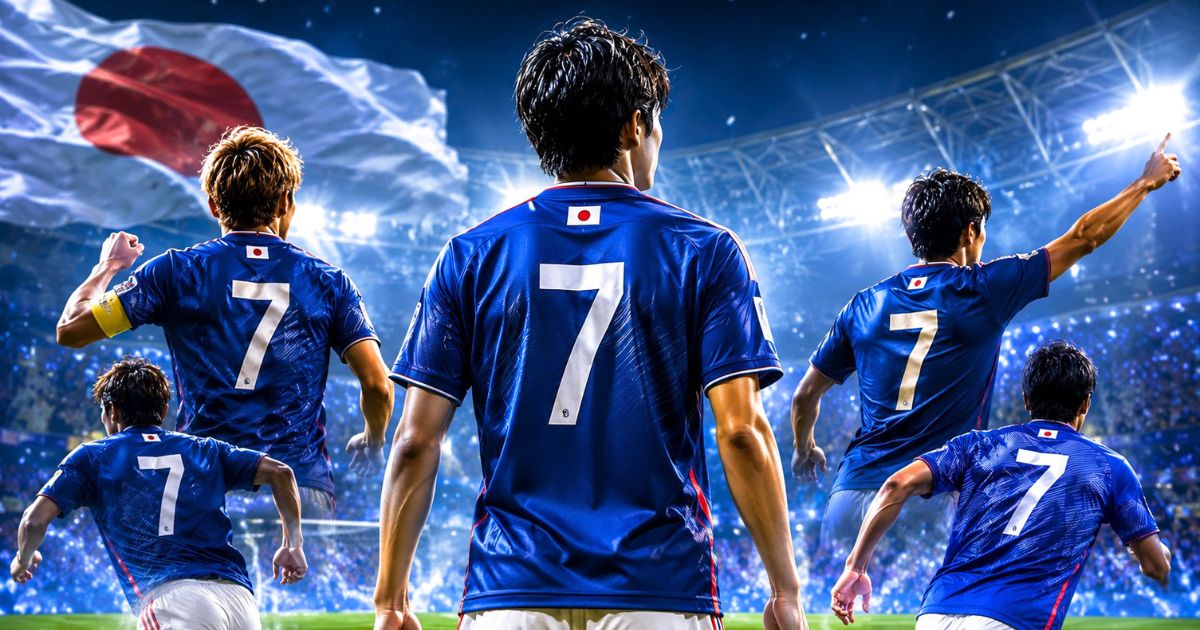 日本代表風の青いユニフォームを着た背番号7の選手たちが日の丸を背に並ぶイメージ