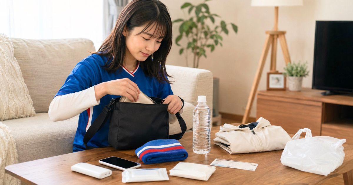Jリーグ観戦の前日に、リビングでスマホ、チケット、モバイルバッテリー、飲み物、タオル、羽織り物をバッグに準備する女性