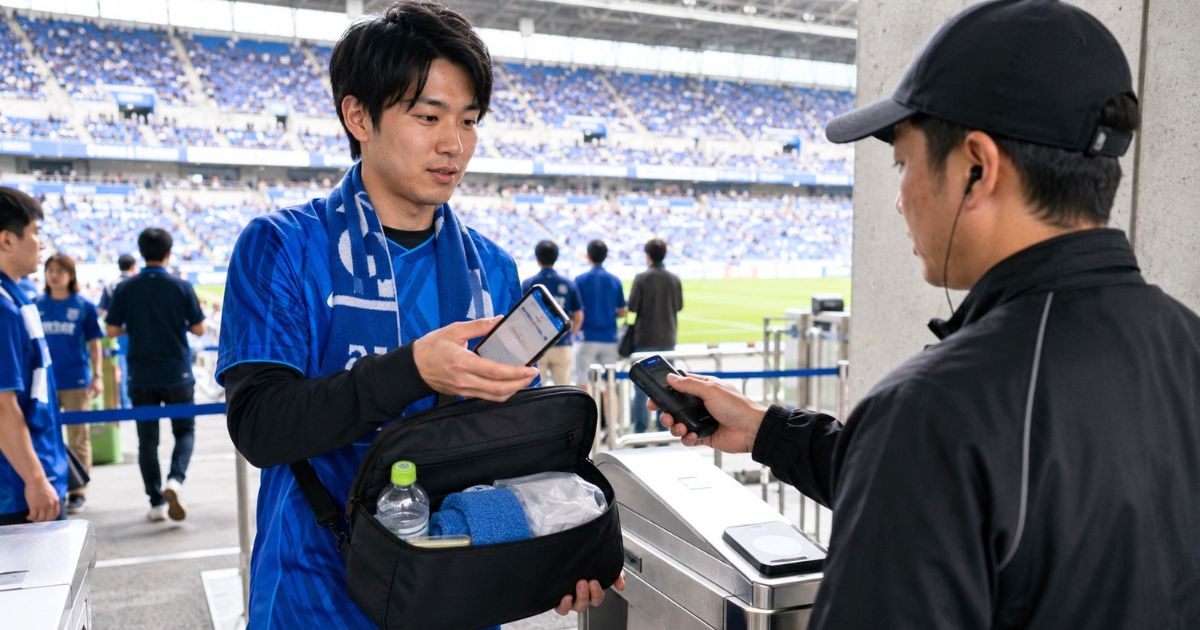 Jリーグ観戦の入場ゲートで、スマホのチケットを提示しながら手荷物検査を受けるサポーター