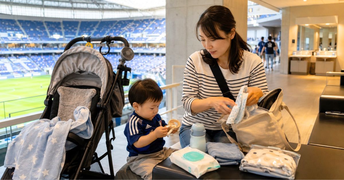 子連れでJリーグ観戦する母親が、スタジアムのコンコースでベビーカーや飲み物、ウェットティッシュ、着替えを準備する様子