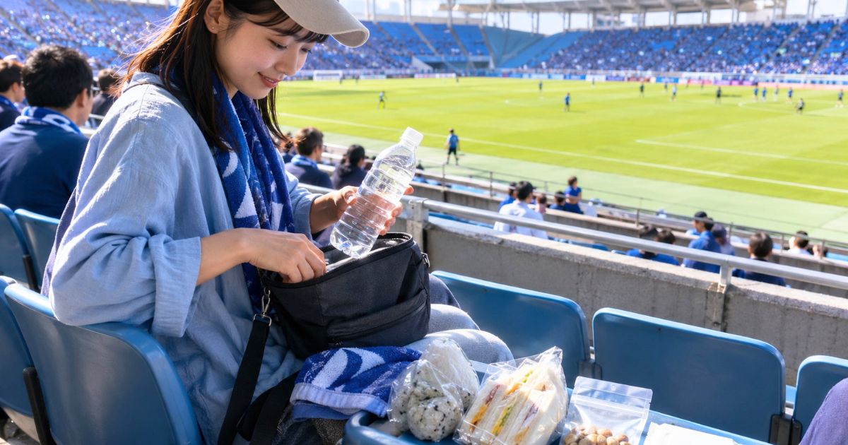 Jリーグ観戦のスタンドで、ペットボトルの飲み物とおにぎり、サンドイッチなどの軽食を準備する女性
