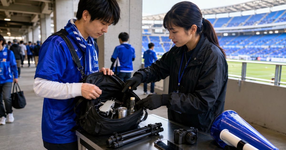 Jリーグ観戦の入場前に、ドローンや三脚、ビン・缶、拡声器などの持ち込み禁止物をスタッフが手荷物検査で確認する様子